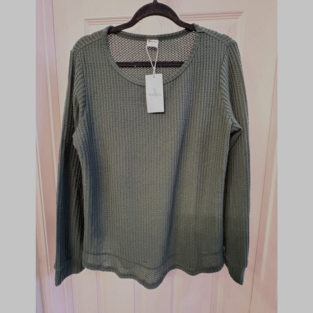 Women's L Green Waffle Knit Round Neck Long Sleeve Pullover Curved Bottom